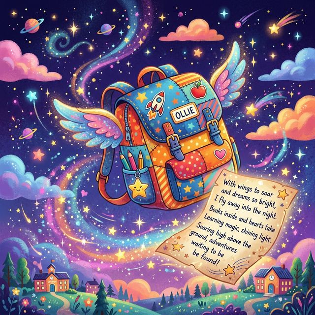 Fliegender Schulranzen mit Gedicht