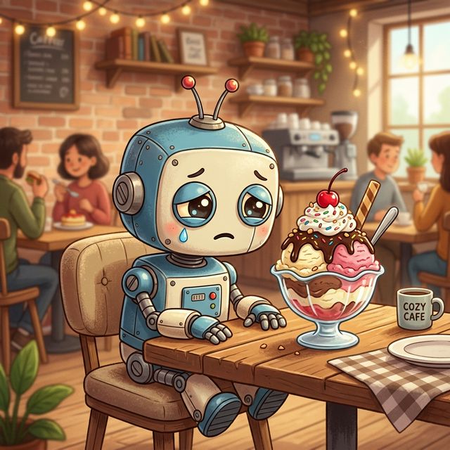 Trauriger Roboter vor einem Eisbecher